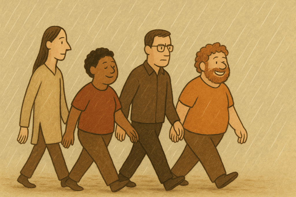 Four fools walking in the rain — representing the four paths of yoga.